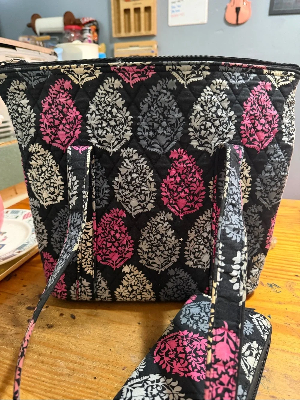 Vera Bradley Black Tote with Pink & Cream Leaf Medallion Print